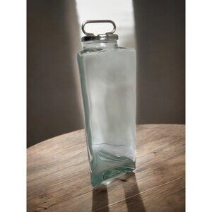 Green Glass Triangle Jar / Canister / bottle Silver chrome lid 10"
